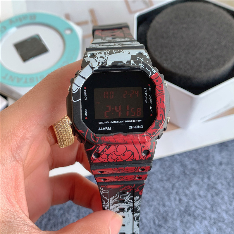 

High quality Brand Watches Men Boy Rubber strap LED Multifunction Waterproof Anti-fall wrist watch Contains box GA08, Black red