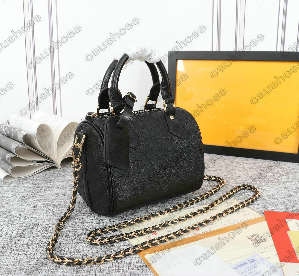 

Speedy Chains BB Lambskin Embossed Monograms Pattern Boston Bags Inclined Shoulder Bag Pillow Handbag Designers Crossbody Bags M57111, Black