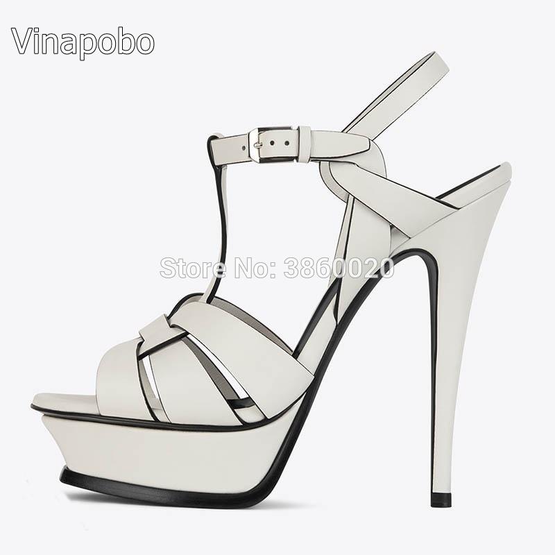 

Summer Matte/Shiny leather T-Strap Buckle Tribute Platform Women Sandals Cut-Outs Open Toe 14 High Heels Sandale Femme Shoes Wom, As the picture