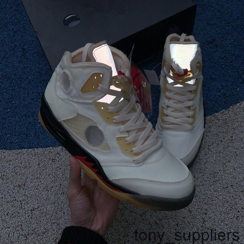 

2020 Jumpman OG 5 5S Sail Fire Red Muslin Black 3M Reflective Virgil Ablohs Men Basketball Shoes With Double Box DH8565-100