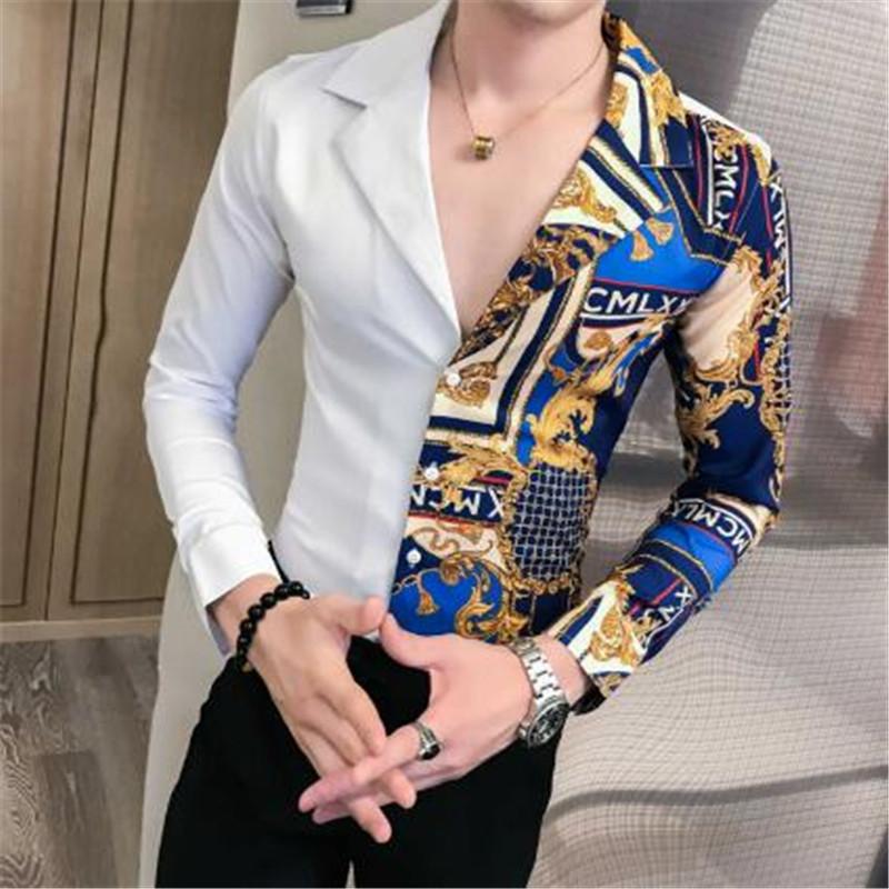 

Men's Casual Shirts Luxury Mens Patchwork Printed Shirt 2022 Autumn Fashion Men Club Camisa Masculina Long-Sleeved Slim Stitching, White;black