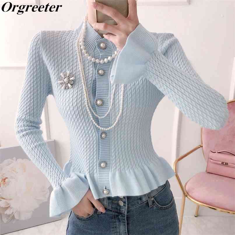 

Retro Trumpet Sleeve Beaded Booch Lotus leaf Hem Knit Cardigan Women Pearl Single-breasted Short Women' Sweater 210602, Blue
