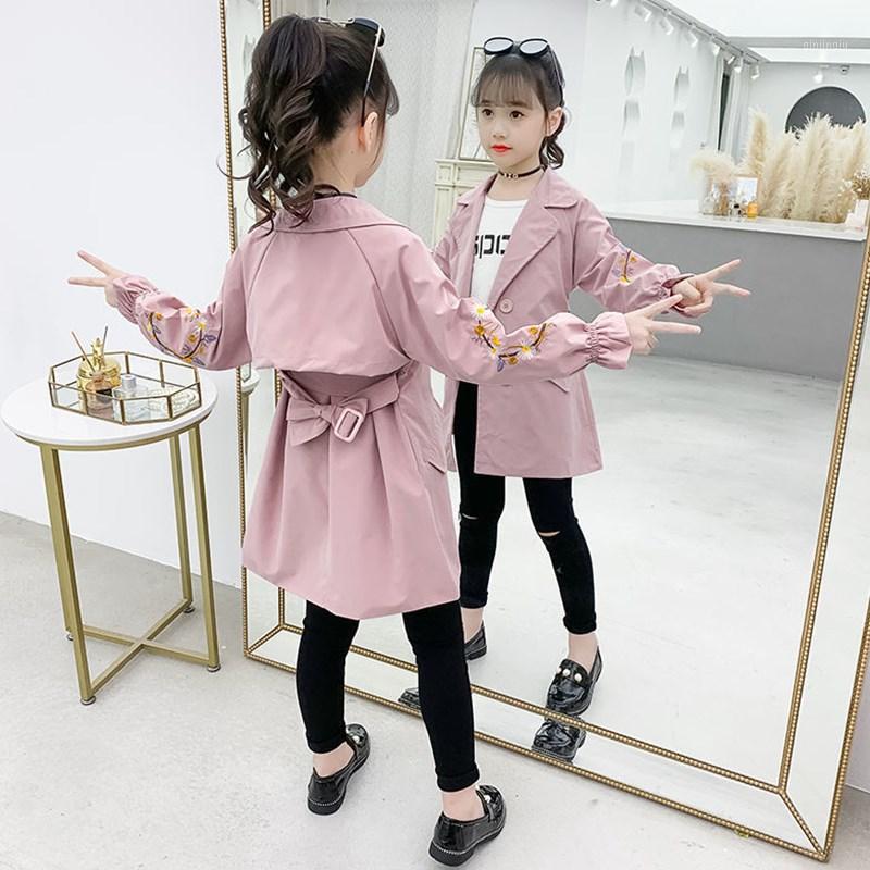 

Coat 2021 Children Teenage Trench Coats Girls Spring Autumn Winter Windbreaker Long Sleeves Embroidery Jackets Kids Outerwear, Blue;gray