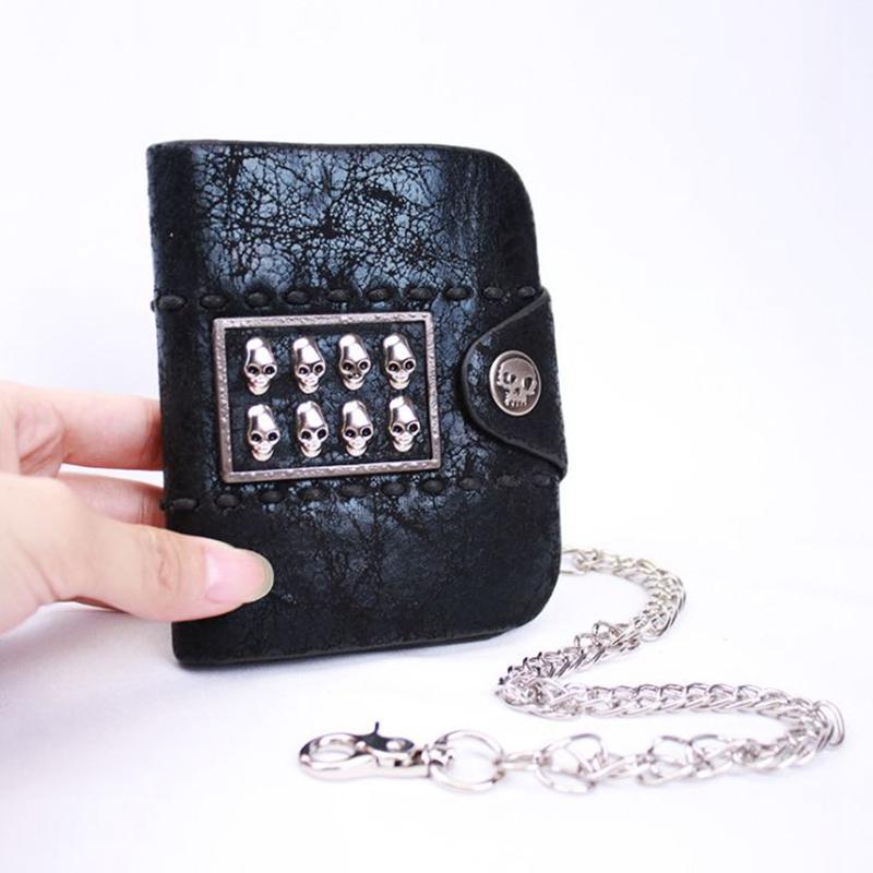 

Wallets 2021 Vintage Punk Style Men Vertical Boys Goth Skull Heads PU Leather Biker Hasp Wallet With Long Key Chain Black Purse, Black men wallets a
