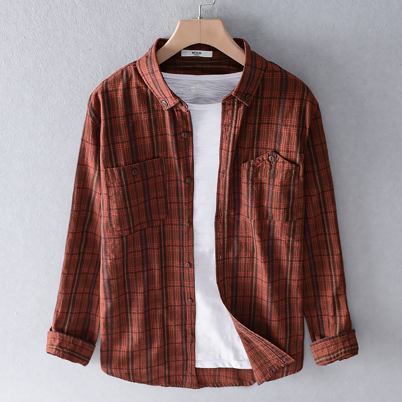 

2021 Long-sleeve Plaid Shirt for Man New Autumn 100% Red Cotton Male Casual Turn-down Collar All-match Clothes Y3174 5u48, Got it