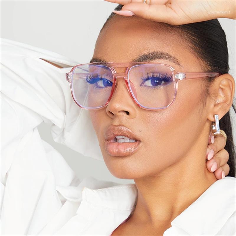 

Sunglasses Fashion Transparent Pink Reading Glasses Women Men Double Bridge Oversized Square Eyeglasses Anti Blue Light Presbyopia +1.5 +2