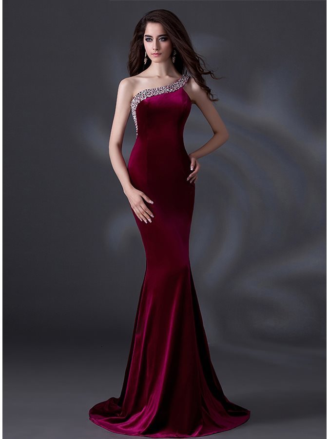 

2021 New Veet Mermaid One-shoulder Beading Prom Party Es Burgundy Evening Gown Formal Women Elegant Jdtp, Red
