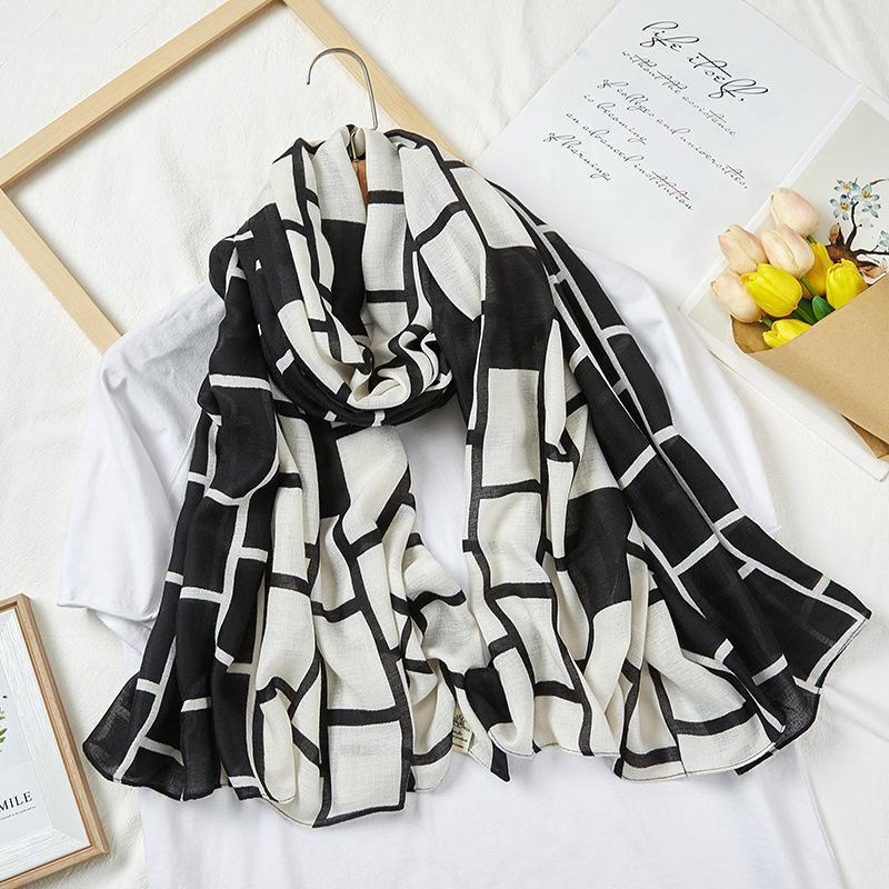 

Scarves Cotton And Linen Scarf Women Dongdaemun Korea Retro Elegant Plaid Silk Long Shawl, Blue;gray