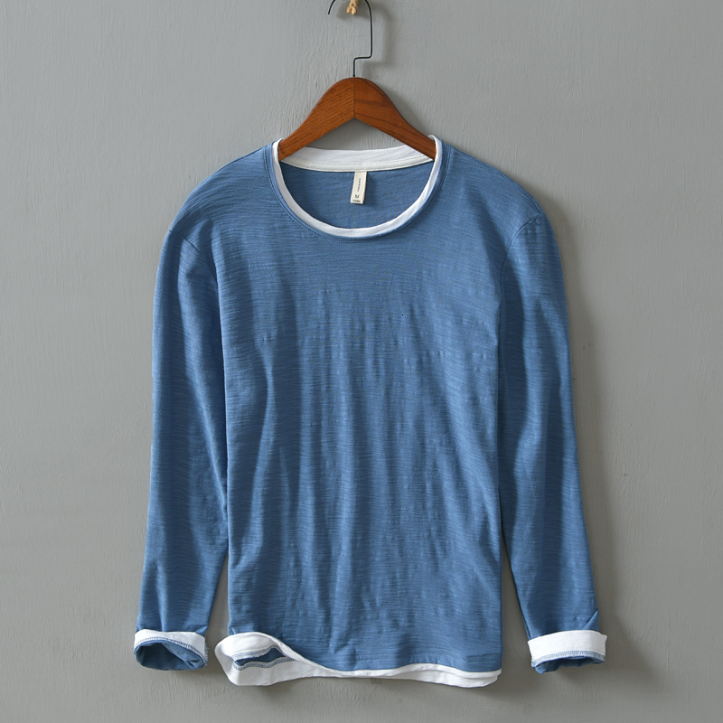 

2021 New Autumn 100% Cotton Male T-shirt The-neck Solid Color Fake Two Casual Pieces T-basic Shirt Shirts Plus Size Long Sleeve Tops Y3462 Y, Black pigment