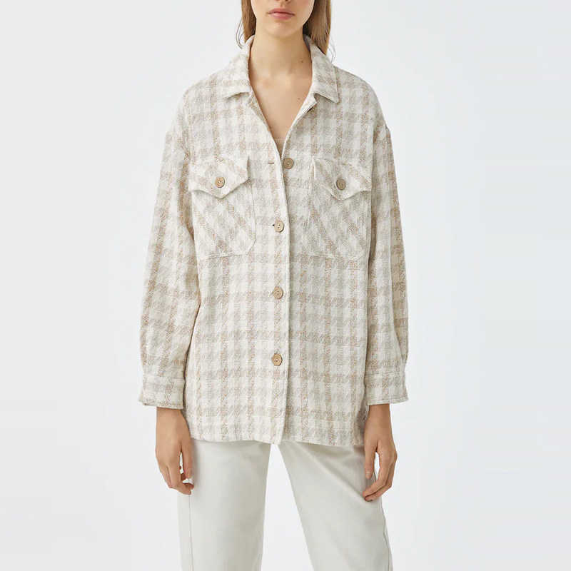 

Za Woman Jacket Autumn Tweed Plaid Shirt Jackets Women Lapel Collar Long Sleeve Front Flap Pockets Ladies Elegant Coat Top 210602