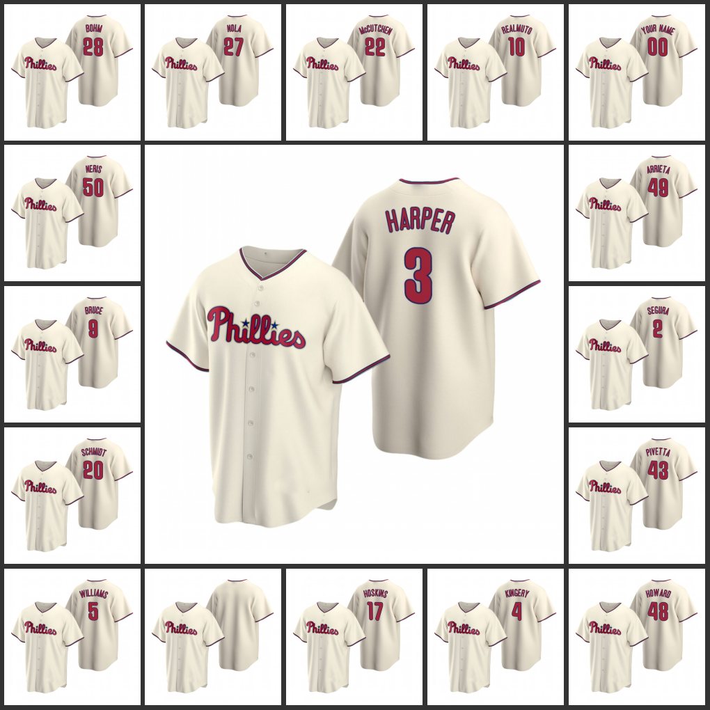 

PhiladelphiaPhillies Baseball Jersey #3 BryceHarper 27 Aaron Nola 20 Mike Schmidt Custom Cream Jersey