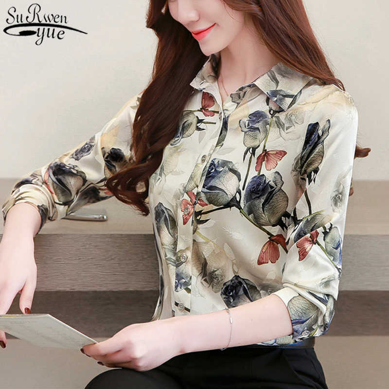 

Blusas Plus Size Silk Shirts Women Autumn Long Sleeve Fashion Blouse Women Rose Floral Print Tops Office Lady Clothes 10725 210527