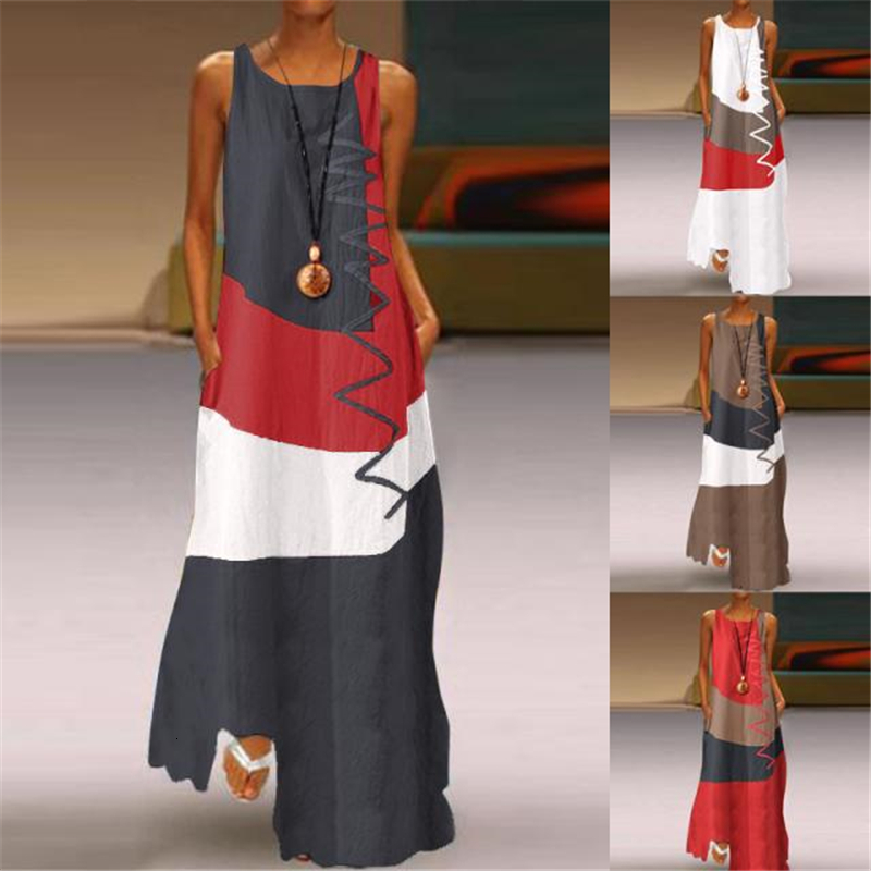 

2021 New Summer Elegant Maxi Long Women Vintage Bohemian Printed Party Sun Casual Sleeveless Loose Es Vestido Kaftan H5t0, Khaki