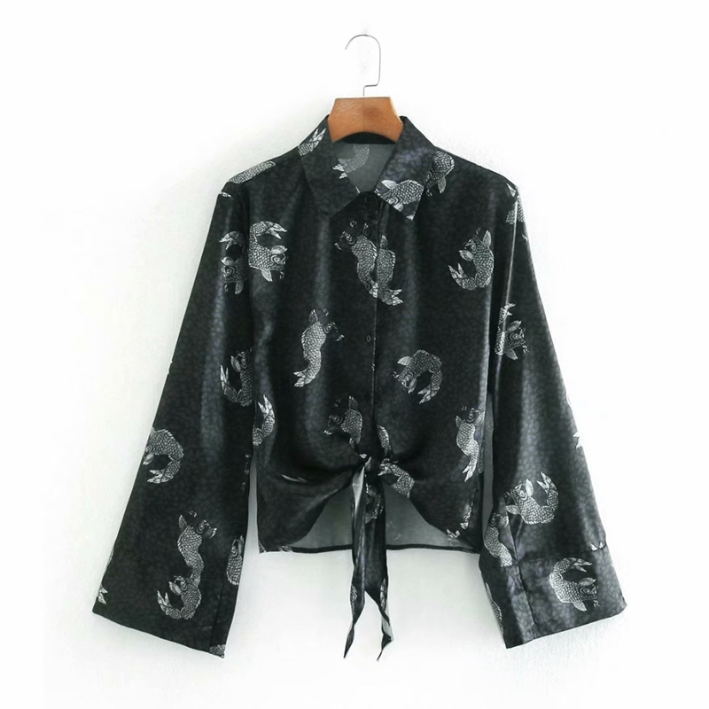 

Fashion Spring Women Long Sleeve Blouse Jacquard Shirt Floral Print Vintage Printed Lace Up Bow Street Tops NX9844 210525, Black