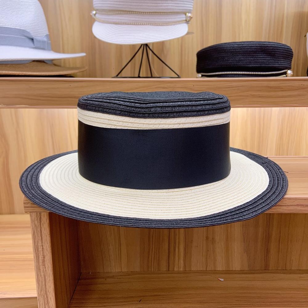 

2021 New Women Flat Summer Sun Black Beige Patchwork Wide Brim Beach Derby Boater Men Gatsby Straw Hat 20s Costume Accessories 50yc, Style1