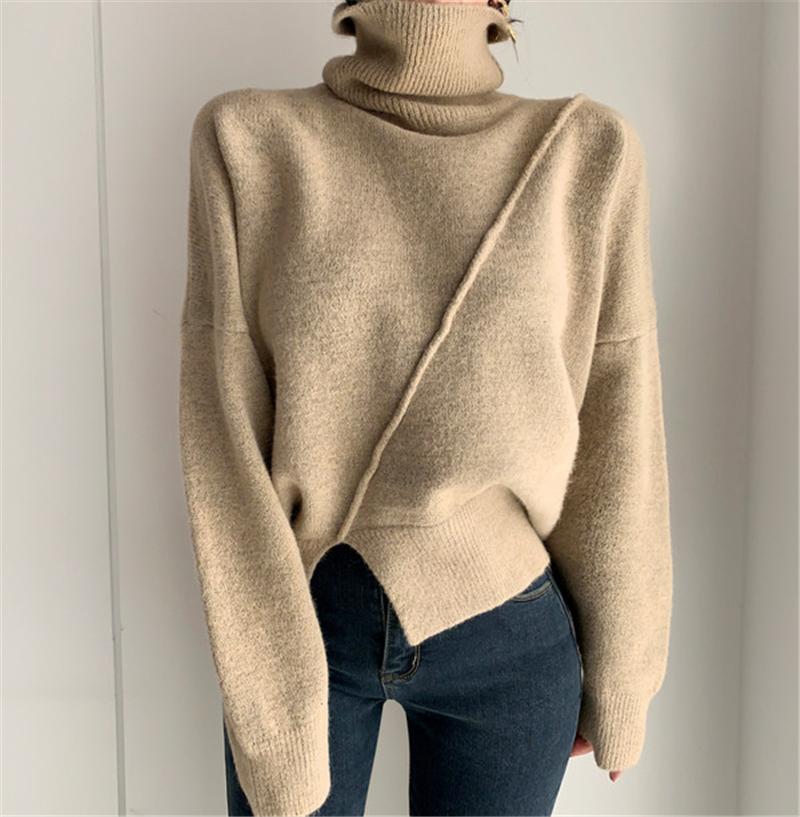 

Women's Sweaters 2021 Women Autumn Winter Knitted Vintage Fashion Split Oversized Turtleneck Jumper Sweater Elegant Tops Dropship, Brown