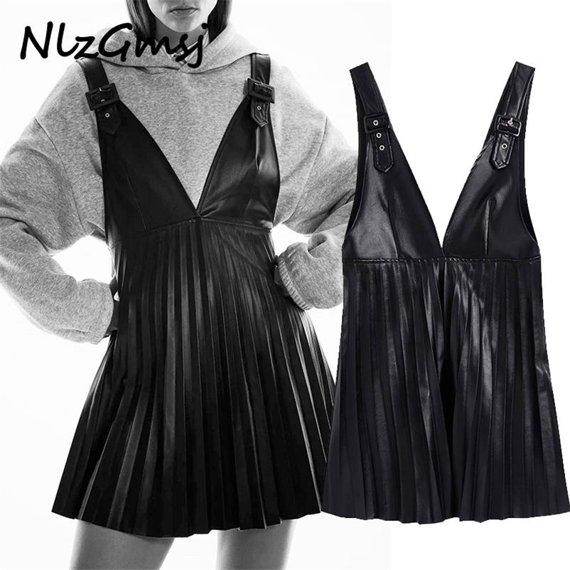 

Dres Solid Strap es Fashion Black Slim PU Leather Elegant Pleated es Female Ladies 210628, As picture