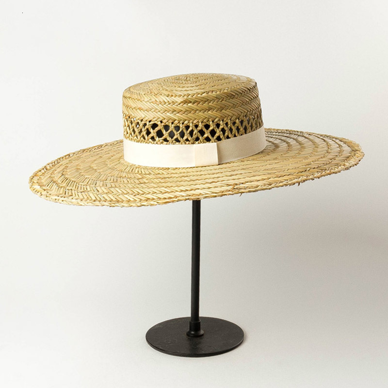

2021 New Women Natural Straw Flat Wide Summer Cap 13cm Big Brim Sun Elegant White Ribbon Band Beach Vocation Derby Hat Wd5q, Beige