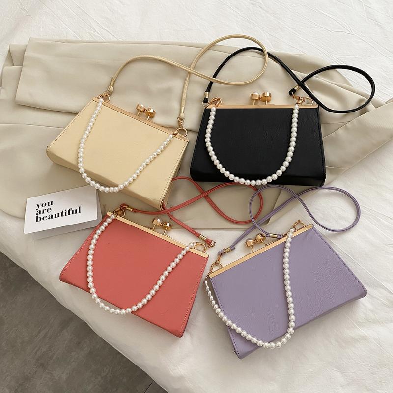 

Casual PU Leather Clip Women Shoulder Bags Female Pearl Handbags Ladies Evening Clutch Totes Purse, Black