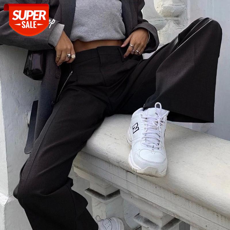 

Weekeep Streetwear High Waisted Straight Pants Lady Office Elegant Solid Button Fly Trousers Women Slim Fashion Punk Suit Pants #uI8B, Black;white