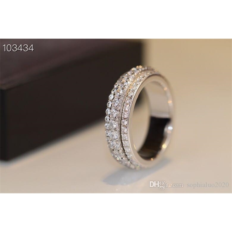 Luxury Possession Classic Designer S925 Sterling Silver Full Crystal Rotation Wedding Ring For Women Jewelry
