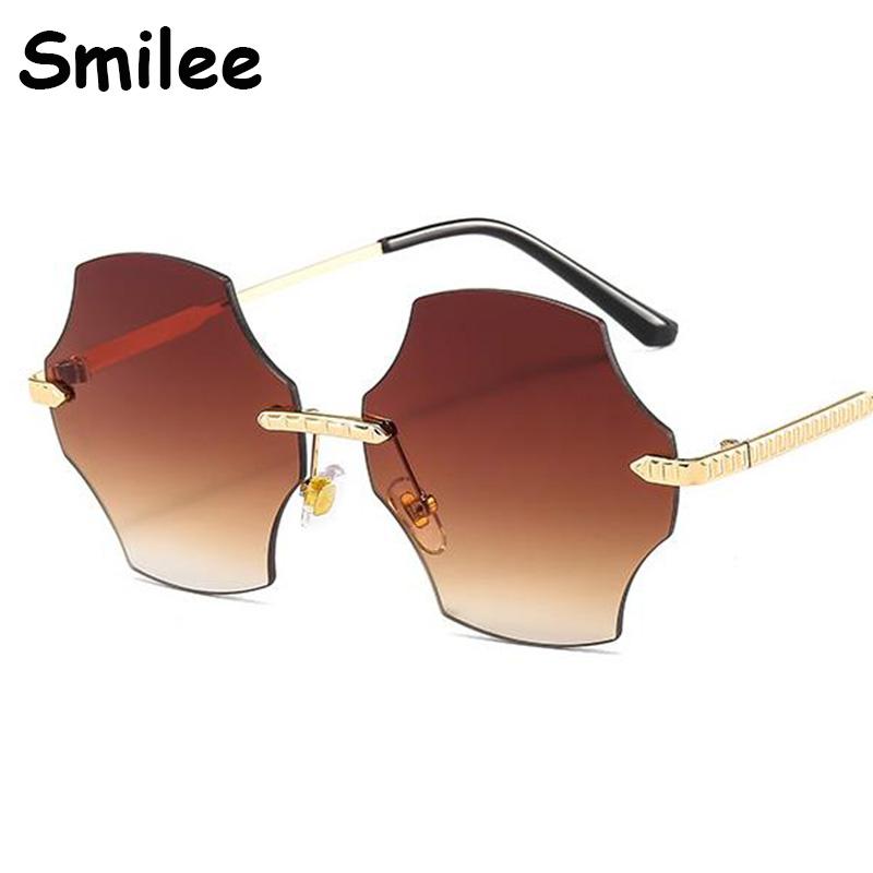 

Sunglasses 2021 Fashion Rimless Irregular Octagon Shaped Sun Glasses For Women Unique Brown Shades Retro Gradient Oculos