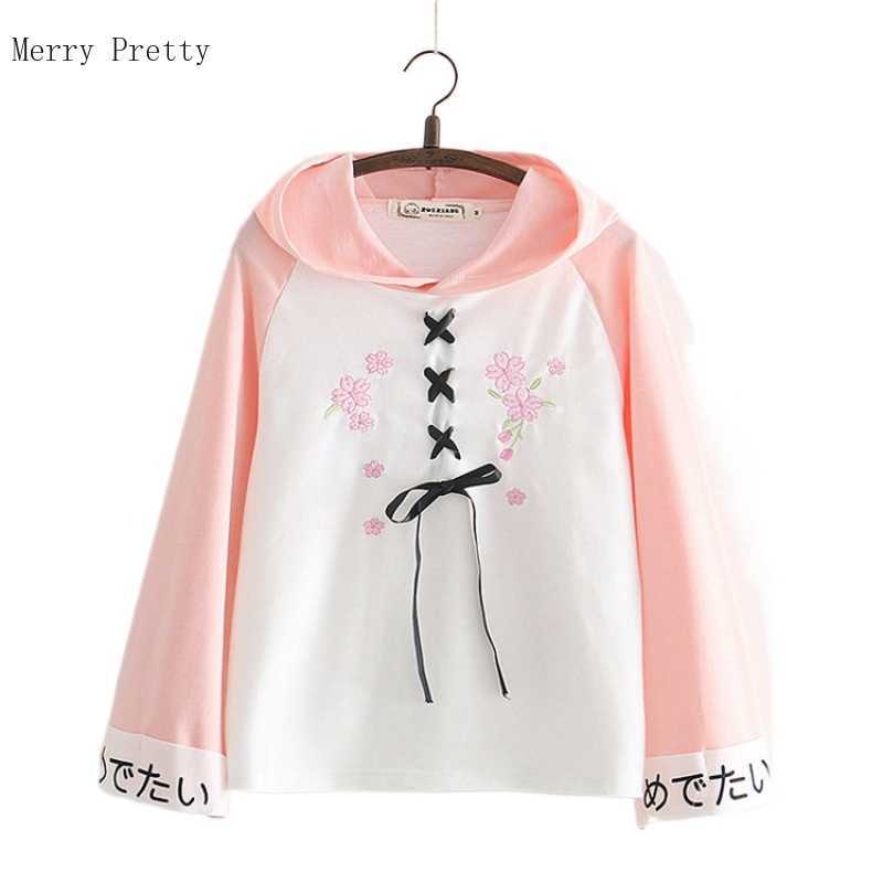 

Floral Embroidery Women Hooded Sweatshirts Long Sleeve Lace Up Cotton Hoodies Casual Tops Summer Japan Style Clothes 210526, Pink