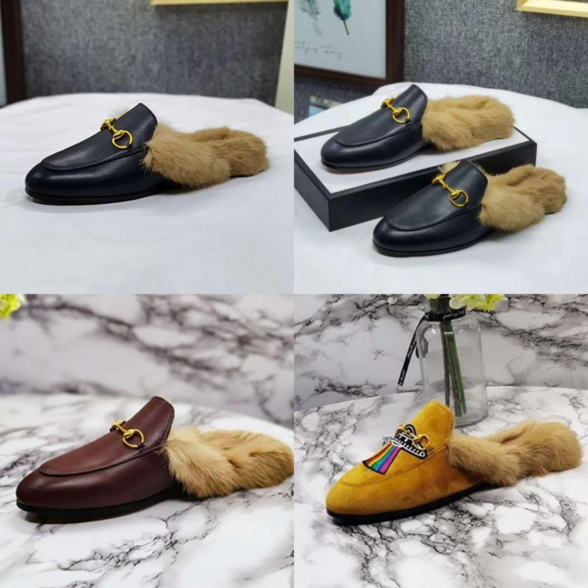 

Designer Classic Fashion Women Genuine Leather Flat Mules Shoes Men Slippers Leather Fur Slippers Metal Chain Shoes Loafers Outdoor Slippers 46