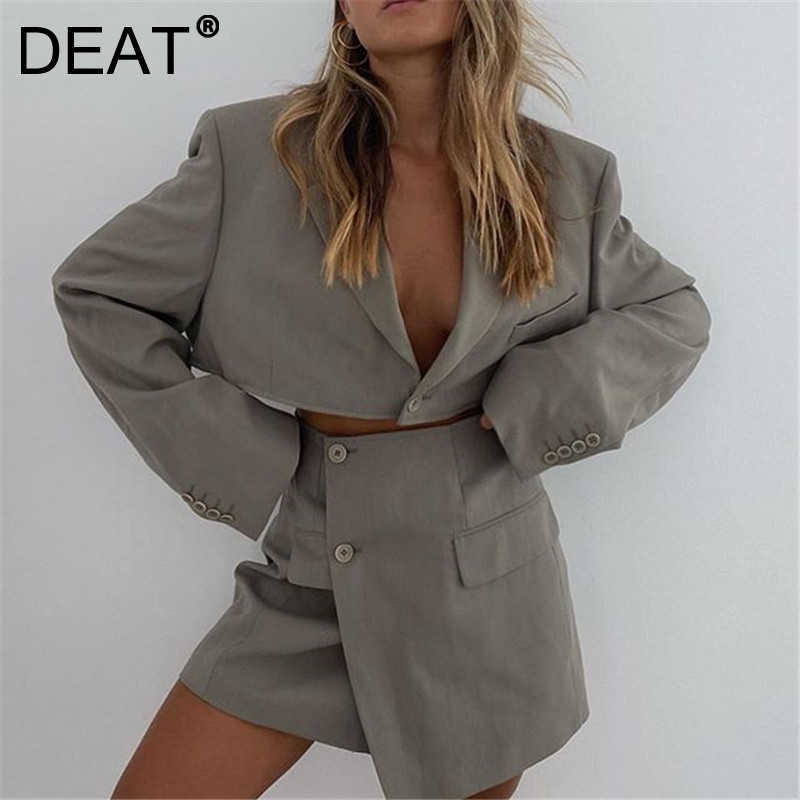 

DEAT Women One Button Short Blazer Arrivals Asymmetrical Skirt Two Piece Set Temperament Fashion Spring Summer 11D1353 210709, Apricot