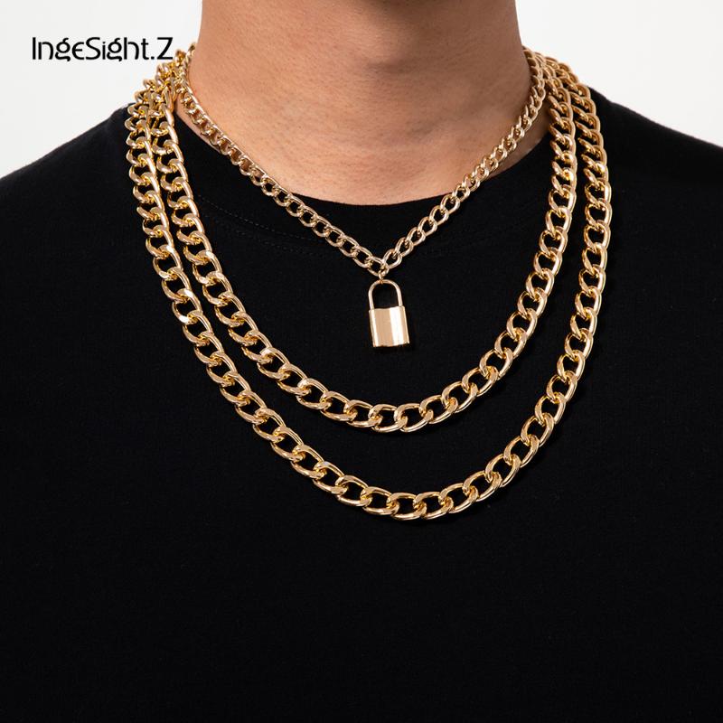 

Chains IngeSight.Z 3Pcs/Set Goth Gothic Lock Padlock Pendant Necklace Chunky Thick Heavy Metal Curb Miami Chain Choker Jewelry