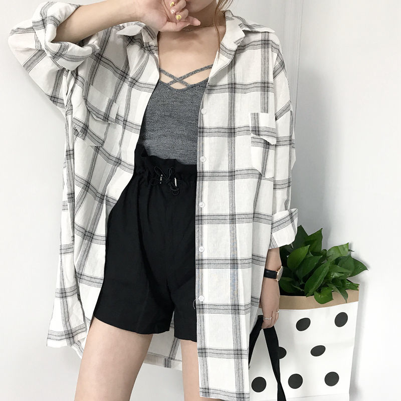 

2021 New Plaid Shirts Female Summer Style Blouses Wild Student Harajuku Long-sleeved Mid-length Shirt Sun Protection Jacket E9px