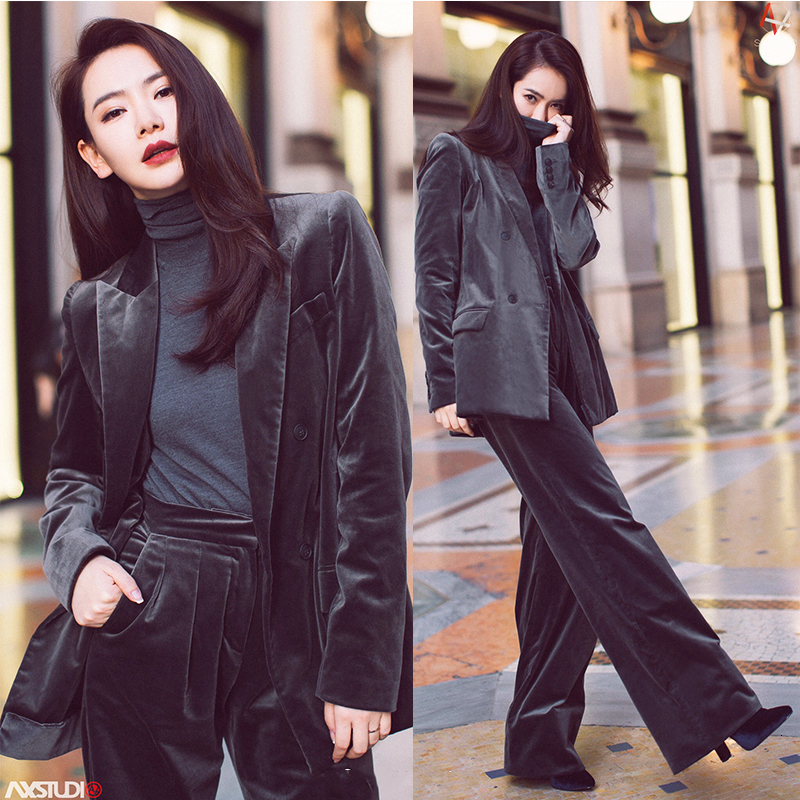 

2 Piece of Gold Velvet Small Women's Woman's Spring British Wind Suit Jacket + Pants Ladies Tender Female Autumn Loosey 1f0e