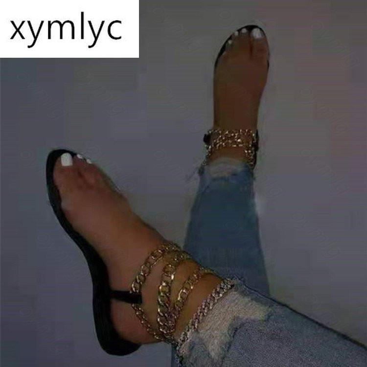 

Women Summer Basic Flats Shoes Woman PVC Sandals Leather Plus Size Flip Thong Gothic Chain Sandalias Mujer Sapato Feminino, Black