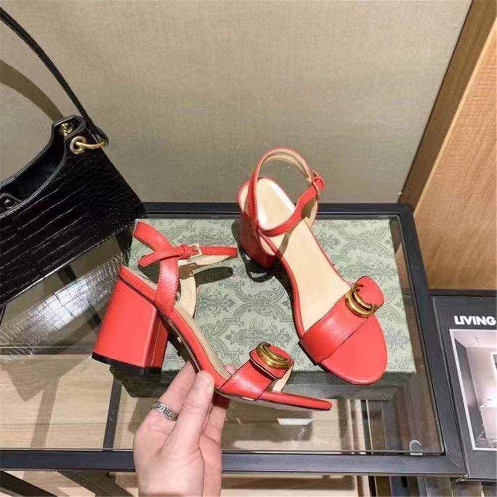 

Slides designer sandal for Womens fashion metal button real Leather sandals High heels Women Single shoes Heel Designers Sandals wholesale shoe top quality, Red
