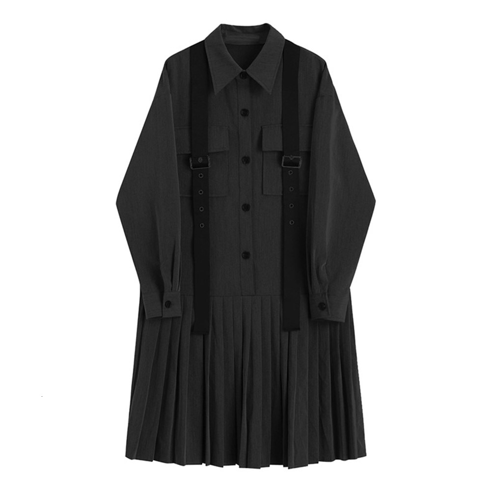 

2021 New Japanese Autumn and Winter Single Breasted Pocket Pleated Vomj, Black