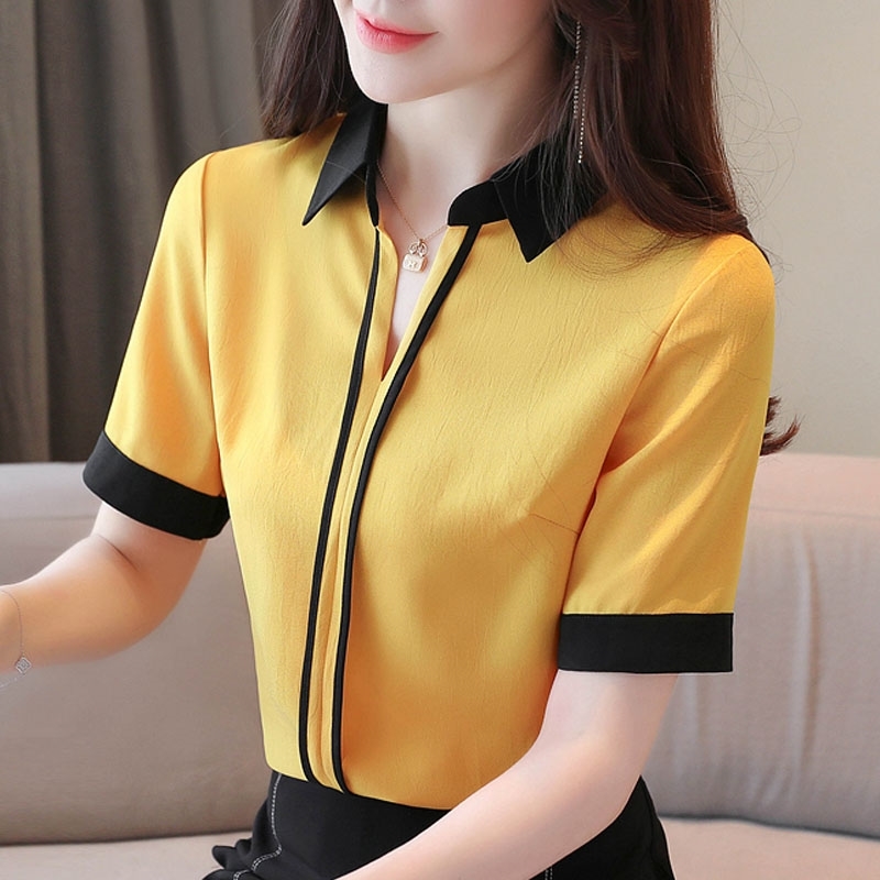 

Summer Short Sleeve Blouse Shirt Women Tops Blouse Women V-neck Office Lady Chiffon Blouse Tops Women Shirts Blusas D180 210602, White