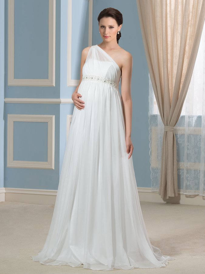 

2021 New Empire Waist One-shoulder Beaded Pregnant Wedding Chiffon Bride Gown Vestido Noiva Robe De Mariee Hot Zcpu, Ivory