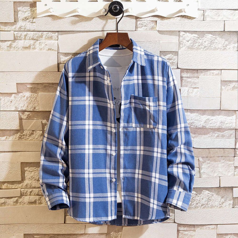 

Square Plaid casual men's autumn new Korean youth student loose Long Sleeve shirt, White;black