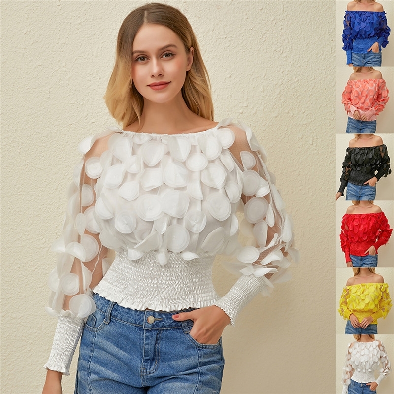 

Sexy Off Shoulder Womens Tops And Blouses Mesh Sheer Puff Sleeve Tops Summer 3D Flower Vintage White Women Shirt Blouse 210308, Red
