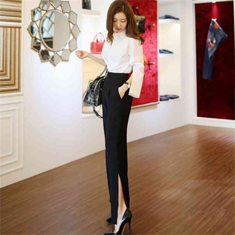 

High Quality autumn women's casual white shirt+ lace wide-legged pants fashion suits female 2 piece sets 210603, Picture color