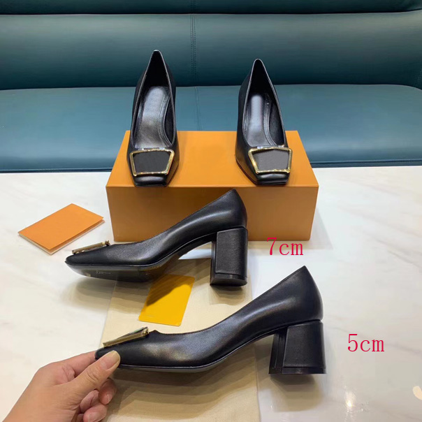 

Direct selling highs quality women's formal shoes fashion metal square buckle flat head leather sewn high heels 5-7cm party wedding shoe, Black