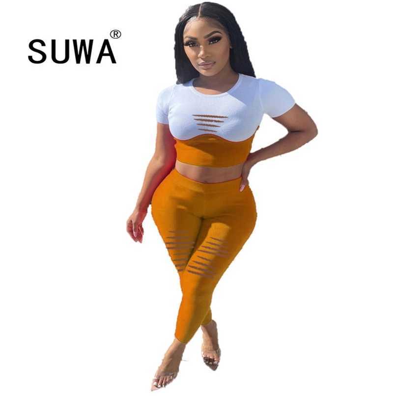 

Arrival Summer Two Piece Outfits Womens Front Hollow Out Short Sleeve Pullover T-Shirt Pants Leggings Loungewear 210525, Gray