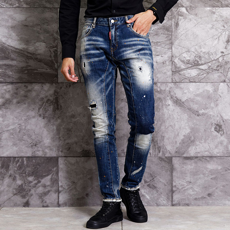 

2021 New Fashion Streetwear High Quality Slim Fit Elastic Ripped Men Retro Blue Designer Denim Pants Hip Hop Jeans Homme 03dg