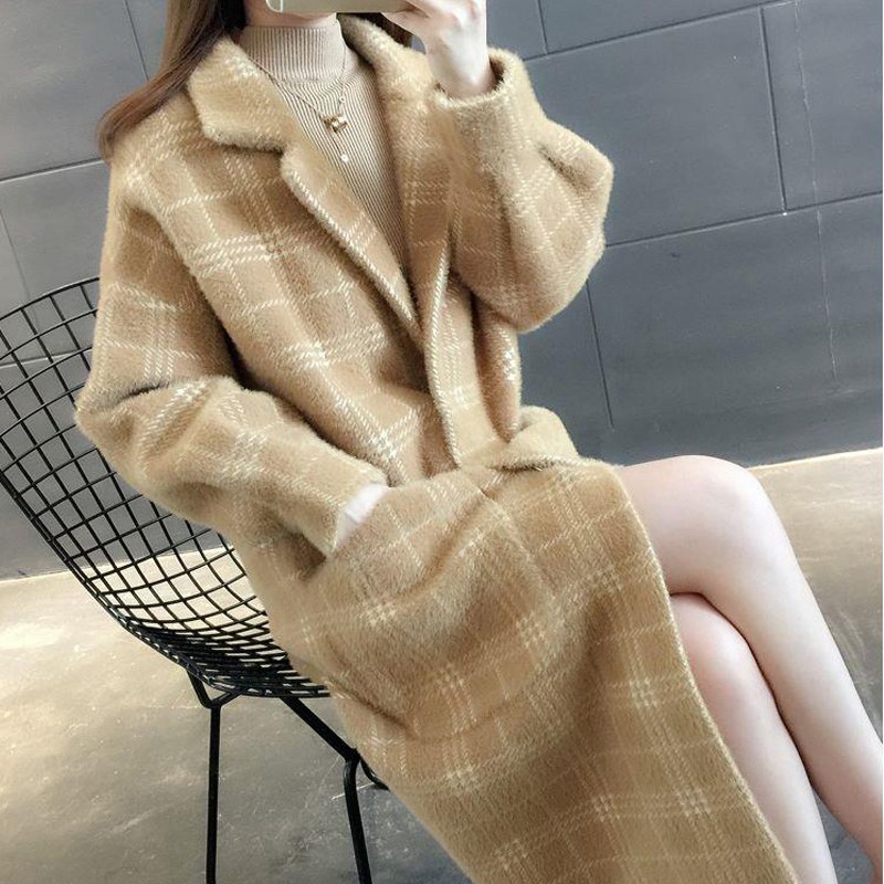 

Autumn Winter Women Long Coat Fashion Plaid Wool Coats Woman Korean Warm Thick Jacket Loose High Street Clothing, Beige