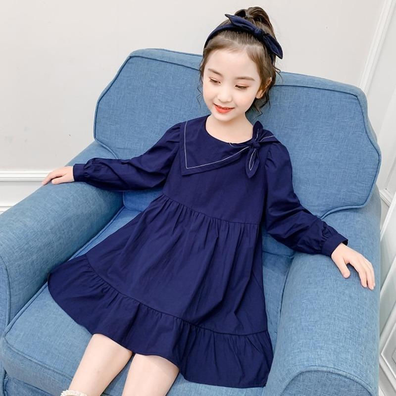 

Children Dress 2021 Spring Autumn Soild Girls Long Sleeve Elegant Preppy Style Vestidos Casual Kids Design for Dresses for Girls, Purplish blue
