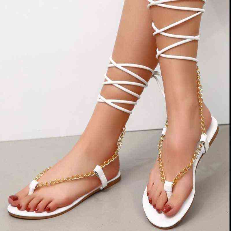 

Summer Sexy Trend Women Sandals Metals Chain Small Band Cross Tied Plate Hook Fashion Women's Shoes Casual Women's Betting Rome, Black