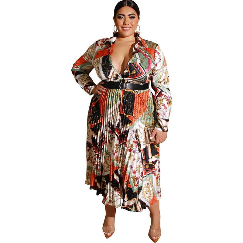 

Fashion Autumn New Women's Pleated Skirt,Beayty Printing Dress,Plus size Lady's Casual Dresses,Sexy V Neck Long sleeve, As picture