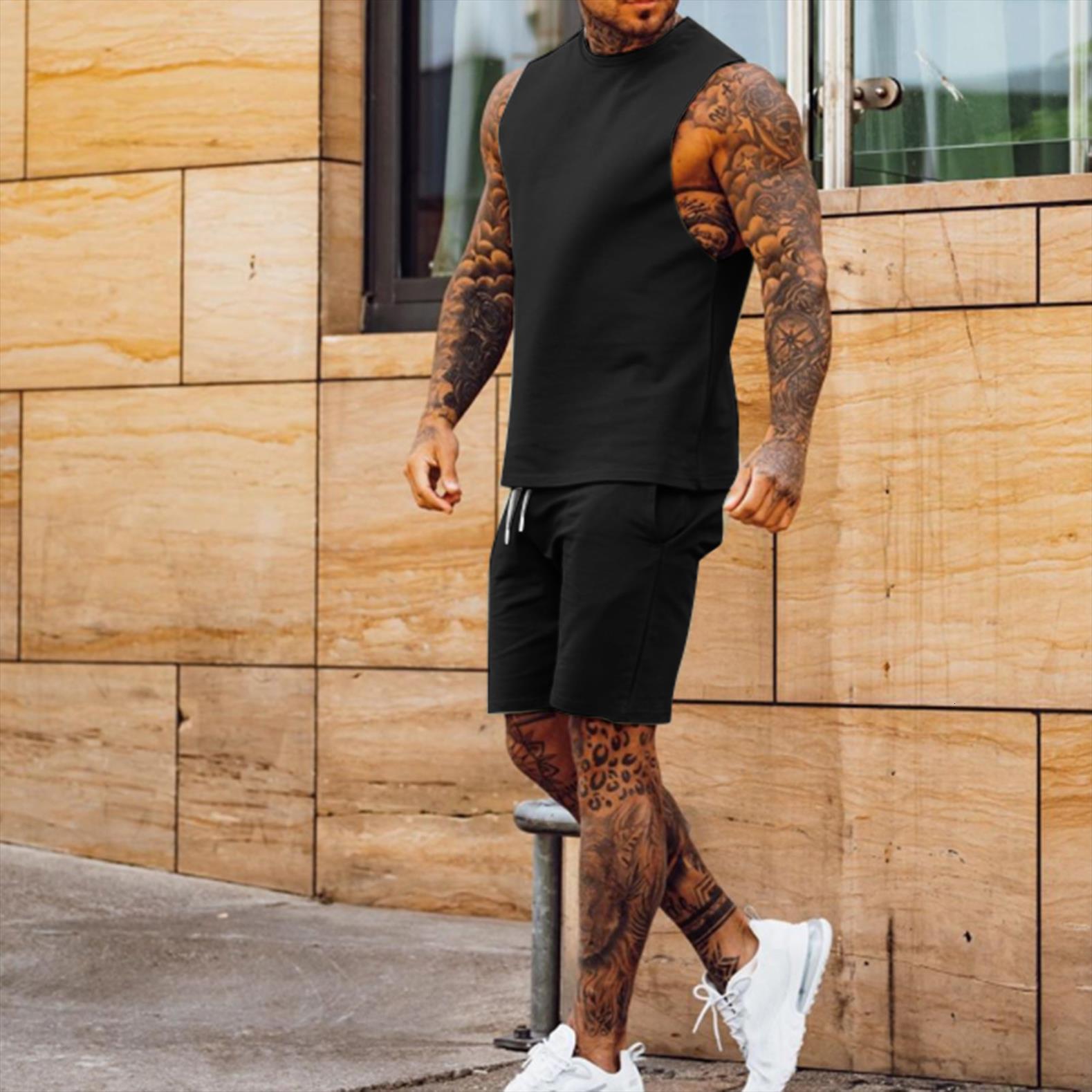 

summer leisure 2 piece men tracksuit sets beach sleeveless shirts tank shorts pants streetwear clothes ropa hombre, Gray