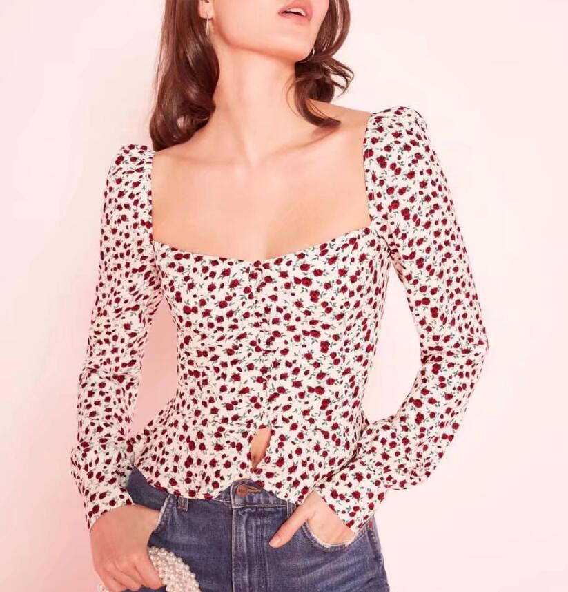 

Retro Red Flower Black Polka Dot Square neck Shirt Sexy Women Ruffles Hem buttons Slim Short Blouse Long sleeve Cotton Tops, White