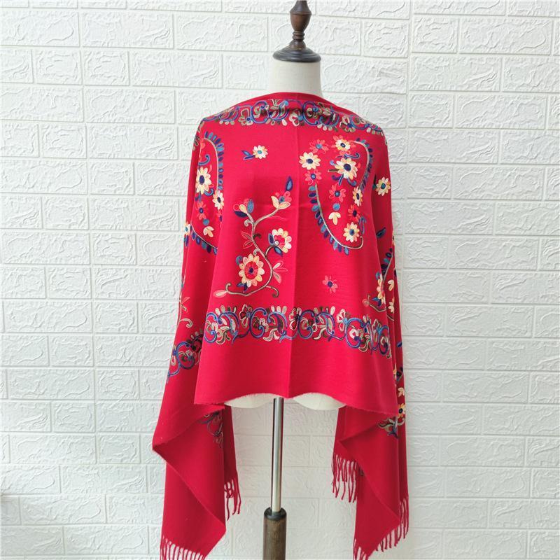 

Scarves Female Autumn Winter Imitation Cashmere All-match Scarf Embroidered Flower Double-sided Warm Blanket Ethnic Style Shawl